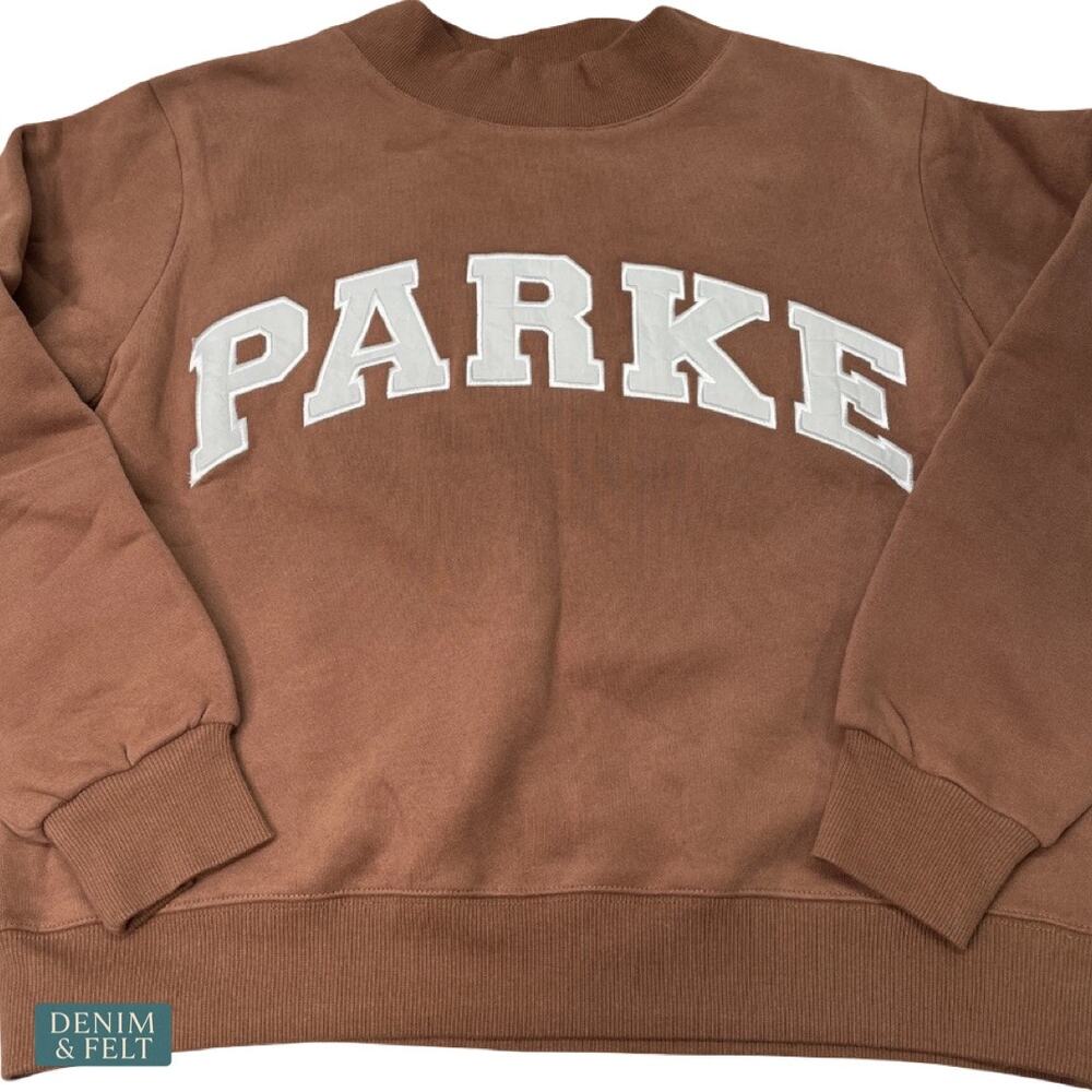 NEW Parke Varsity Mockneck Sweatshirt Brown Oversized Fleece Cozy Lounge Viral - Picture 9 of 16
